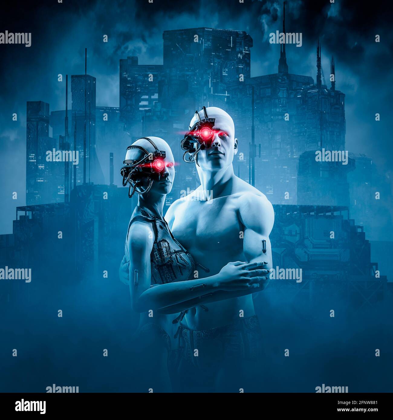Android cyborg couple / 3D illustration of science fiction male and female robot with glowing red robotic eye outside dark futuristic city Stock Photo