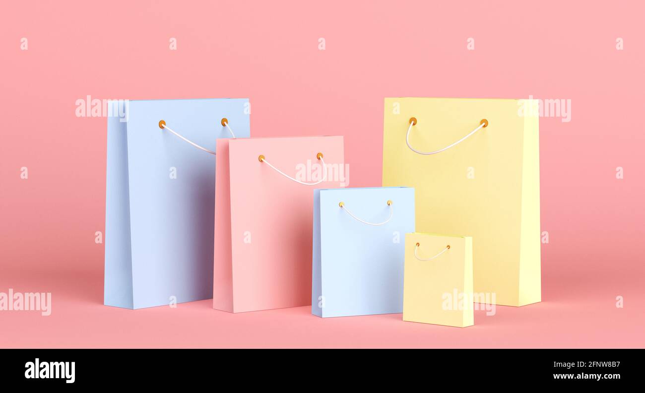 Colorful shopping bags collection on pink background. 3d rendering ...