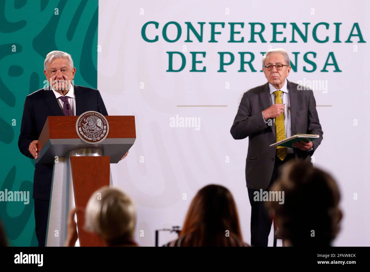 Non Exclusive: MEXICO CITY, MEXICO - MAY 18:  Mexico’s President Andres Manuel Lopez Obrador, accompanied by Mexico's Health Minister Jorge Alcocer Va Stock Photo