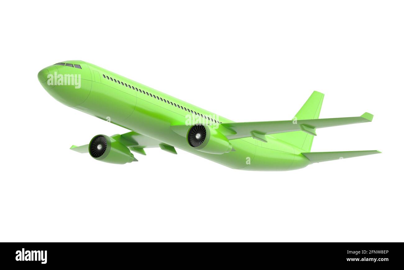 Green 3d airplane isolated on white background. 3d rendering. Stock Photo