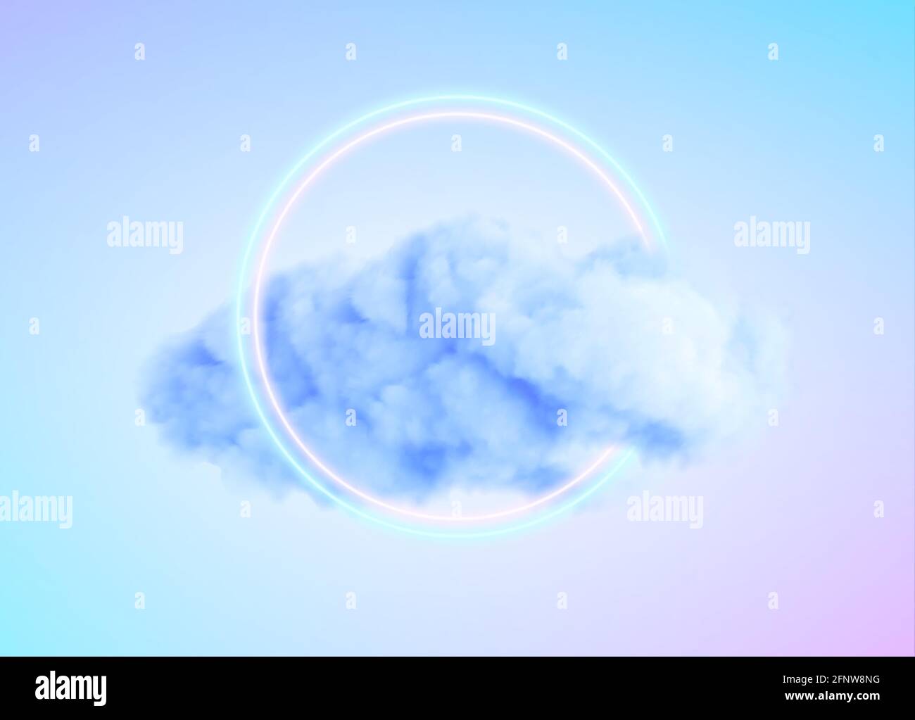 Glowing Neon Circle Shape in a Cloud of Fog. Modern trending 3d conceptual design background. Violet blue pink colors. Vector illustration Stock Vector