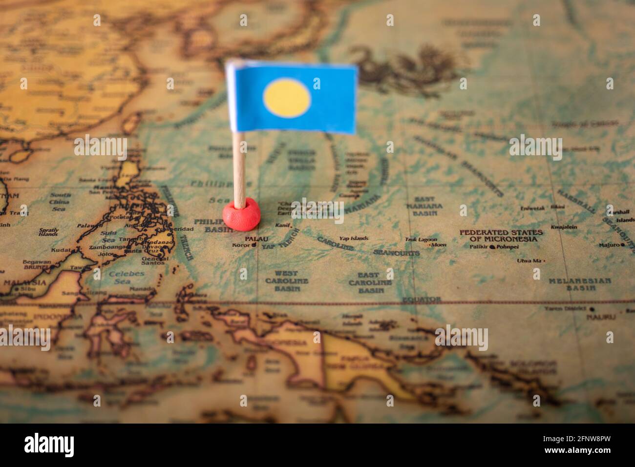 Flag of Palau on the world map. The concept of tourism and recreation. Stock Photo