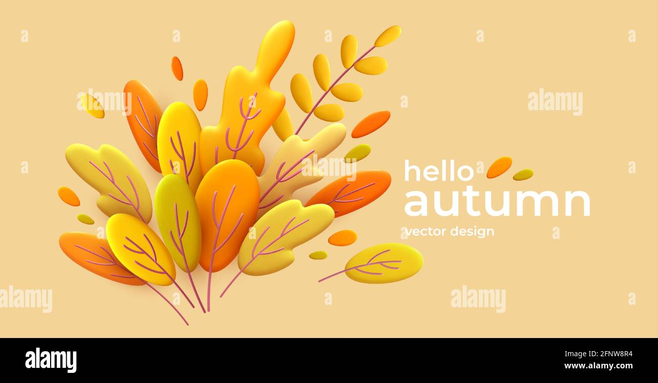 Hello Autumn 3d minimal background with autumn yellow, orange leaves. 3d Fall leaves background for the design of Fall banners, posters Stock Vector