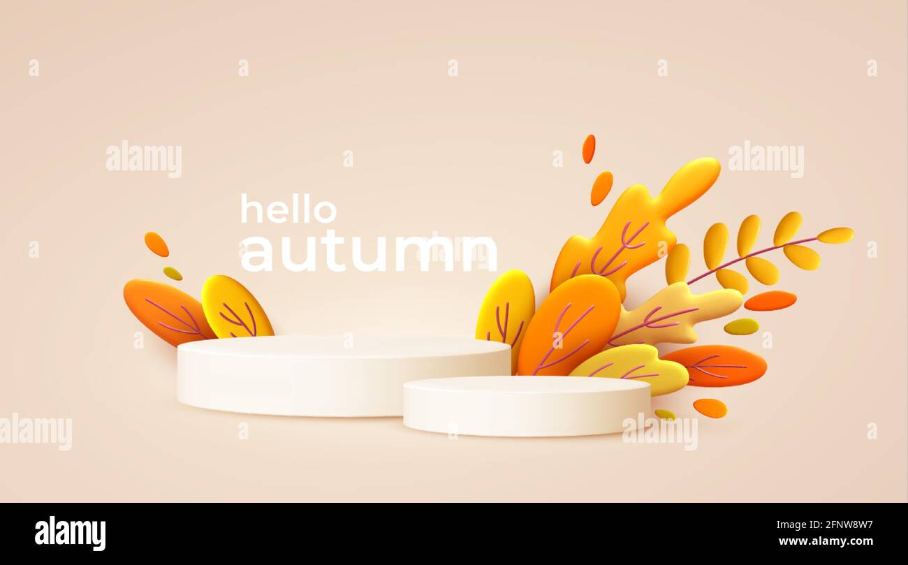 Hello Autumn 3d minimal background with autumn yellow, orange leaves and product podium. 3d Fall leaves background for the design of Fall banners Stock Vector