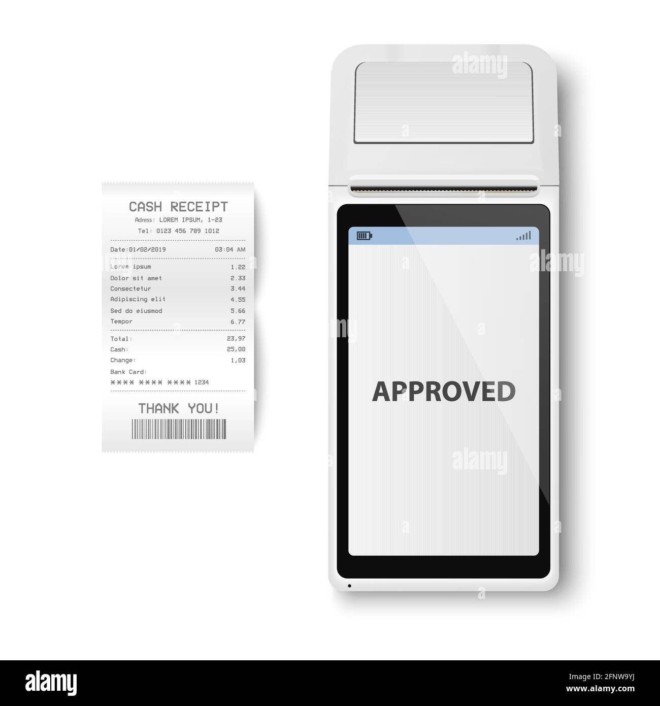 Vector Realistic White 3d Payment Machine. POS Terminal, Paper Receipt
