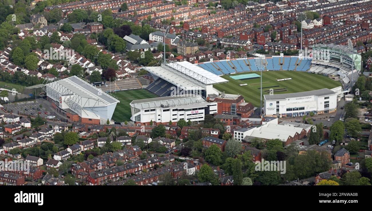 aerial view of the Yorkshire Cricket Ground and Emerald Headingley Stadium rugby league ground, Leeds, West Yorkshire Stock Photo