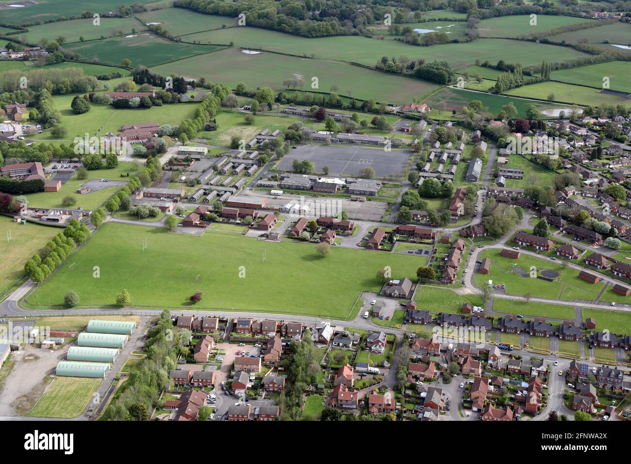 aerial view of the former Claro army barracks site at Clotherholme Road, Ripon, North Yorkshire Stock Photo