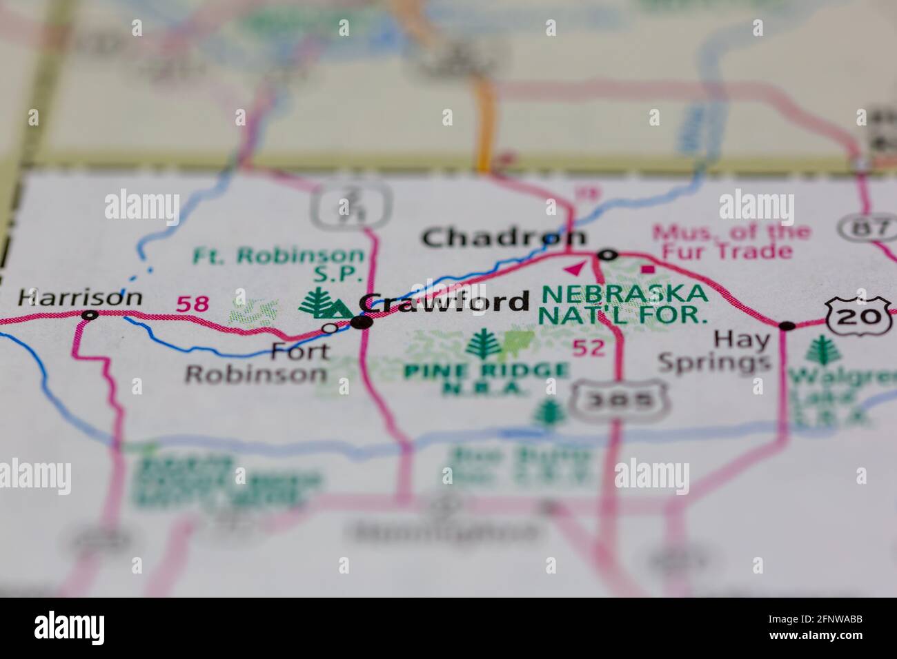 Crawford Nebraska USA Shown on a Geography map or Road map Stock Photo