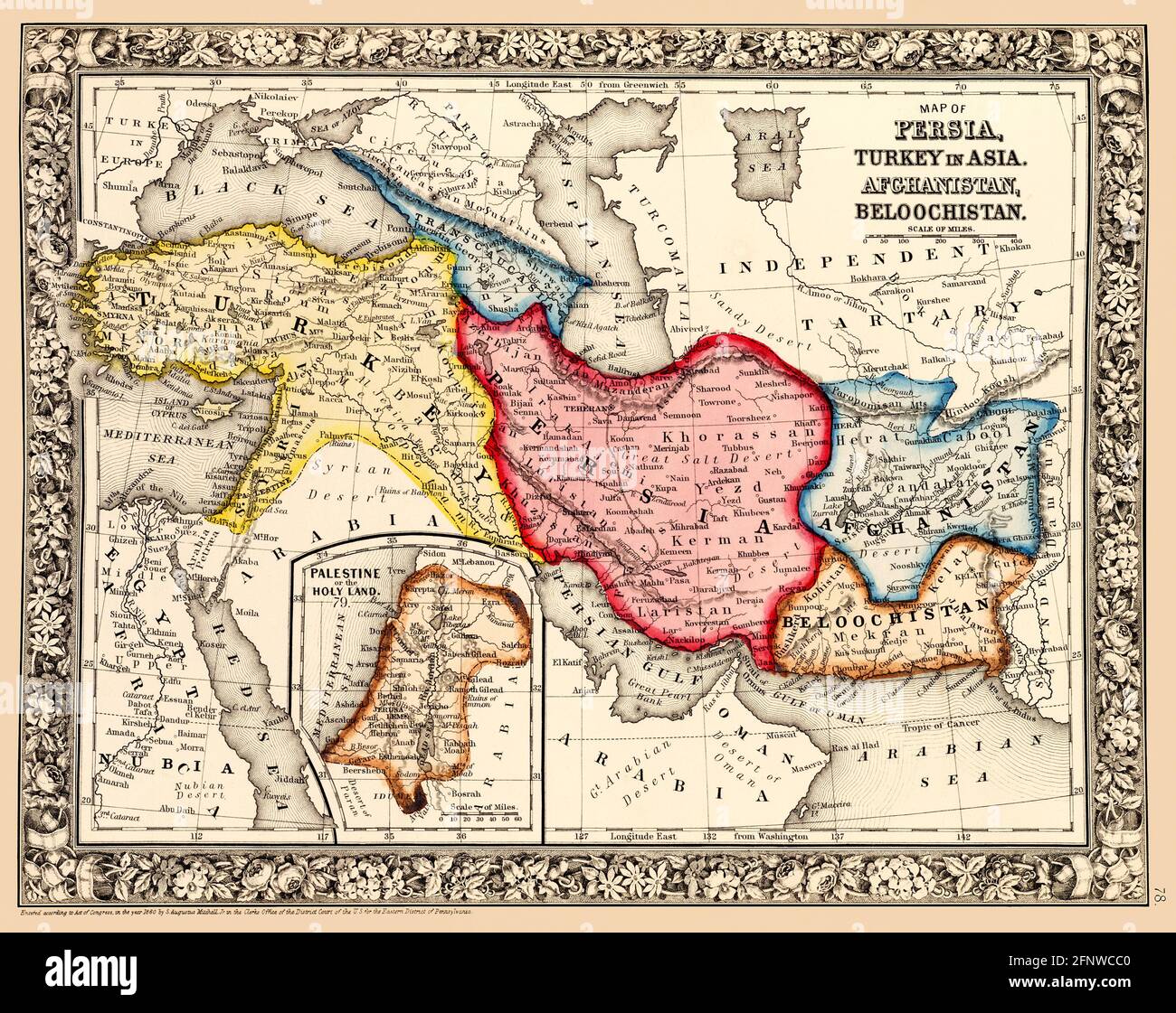 Original title: Map of Persia, Turkey in Asia, Afghanistan, Beloochistan ; Palestine, or the Holy Land [inset]. Map shows political borders and important landmarks. This is a beautifully detailed historic, enhanced reproduction of a 1863 map. It is framed by a floral border. Insert map shows the 'Holy Land.' Stock Photo