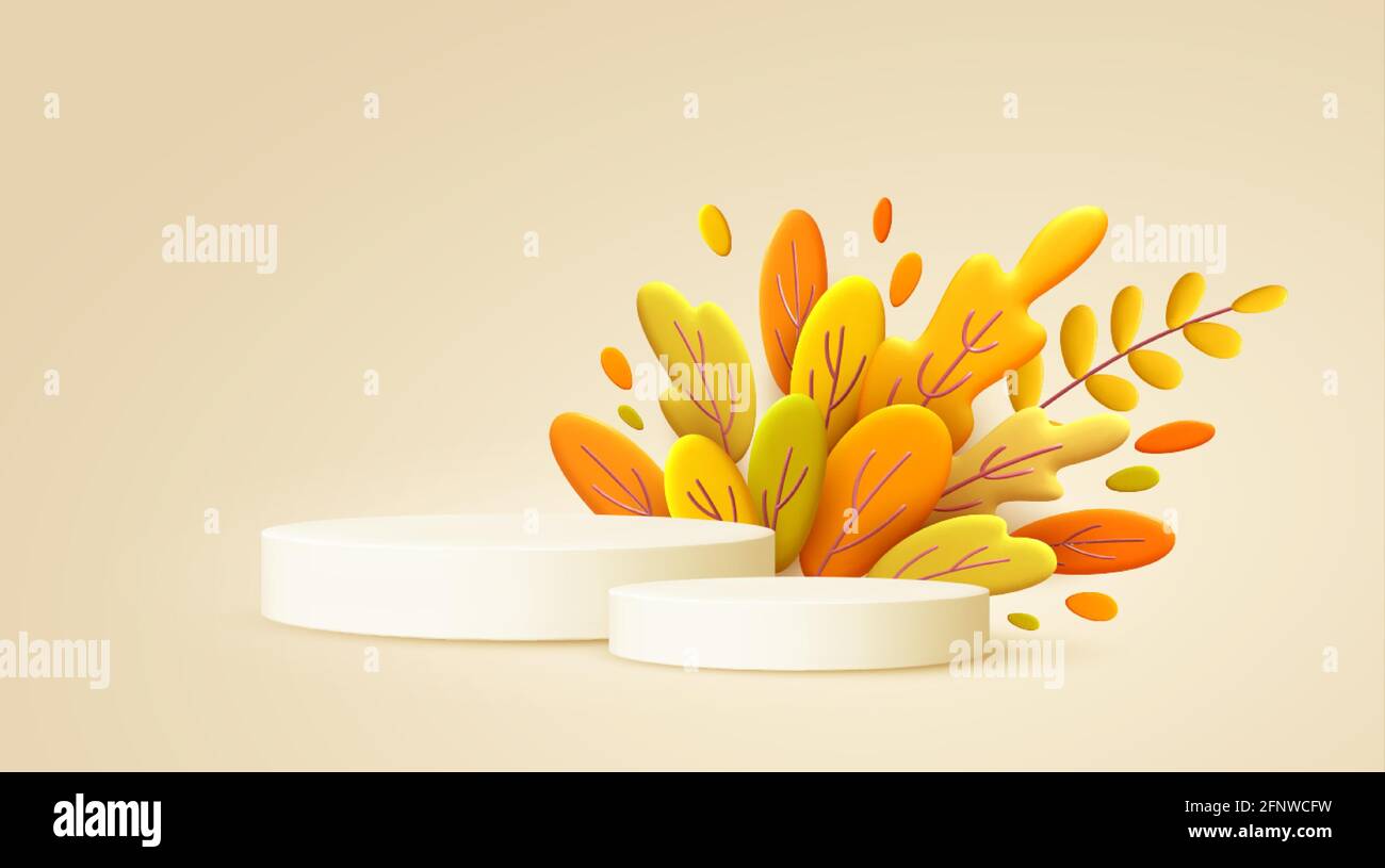 Hello Autumn 3d minimal background with autumn yellow, orange leaves and product podium. 3d Fall leaves background for the design of Fall banners Stock Vector