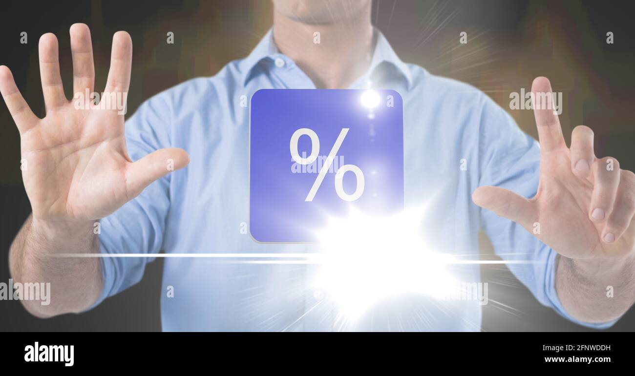 Composition of percentage sign on purple tile over midsection of man using virtual interface Stock Photo
