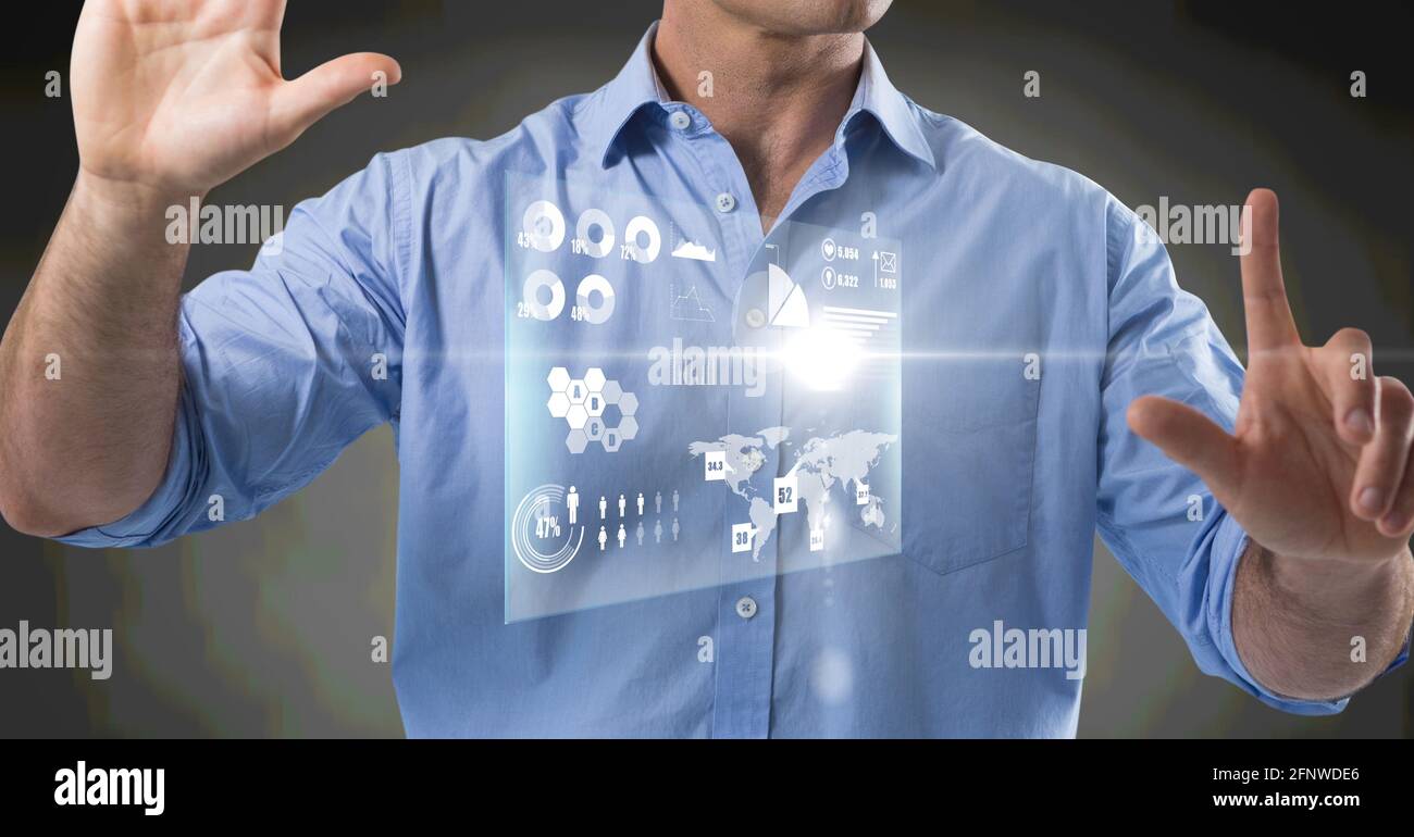 Composition of information on screen over midsection of man using virtual interface Stock Photo
