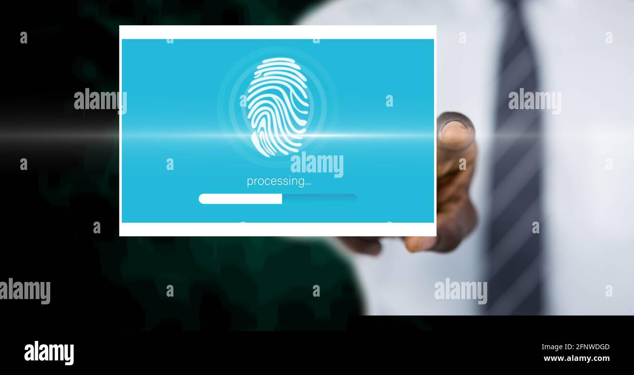 Composition of businessman touching interactive screen with biometric ...