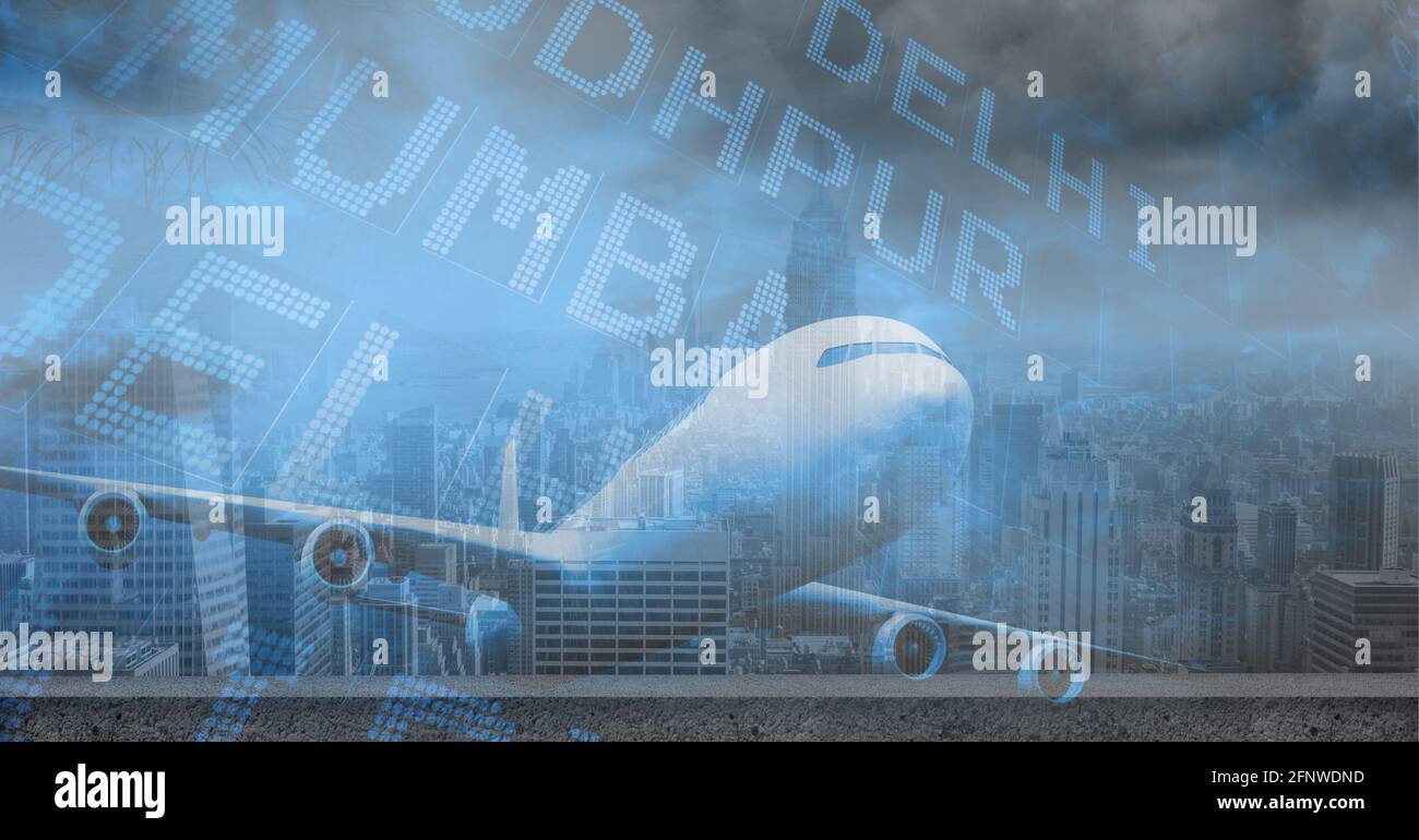 Composition of airplane and flight information over cityscape Stock ...