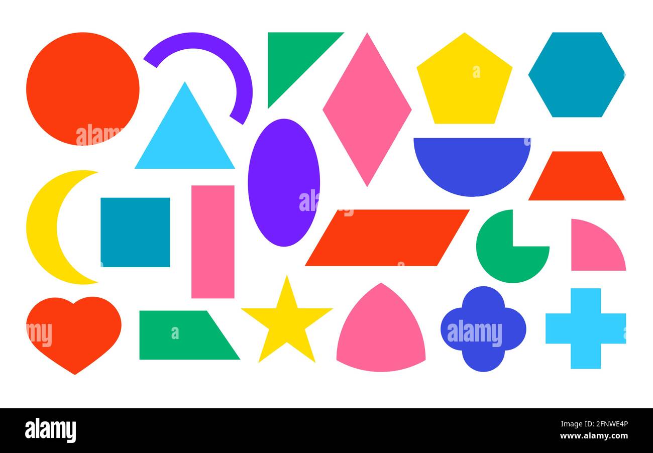 Colored geometric basic shapes icons set. Flat square, circle, oval