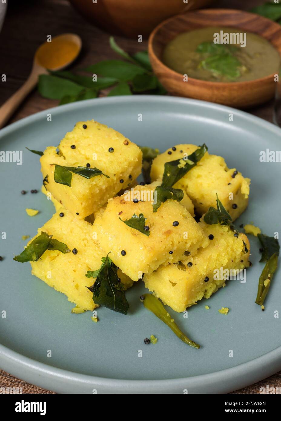 Indian dhokla semolina cake with cilantro chutney Stock Photo Alamy