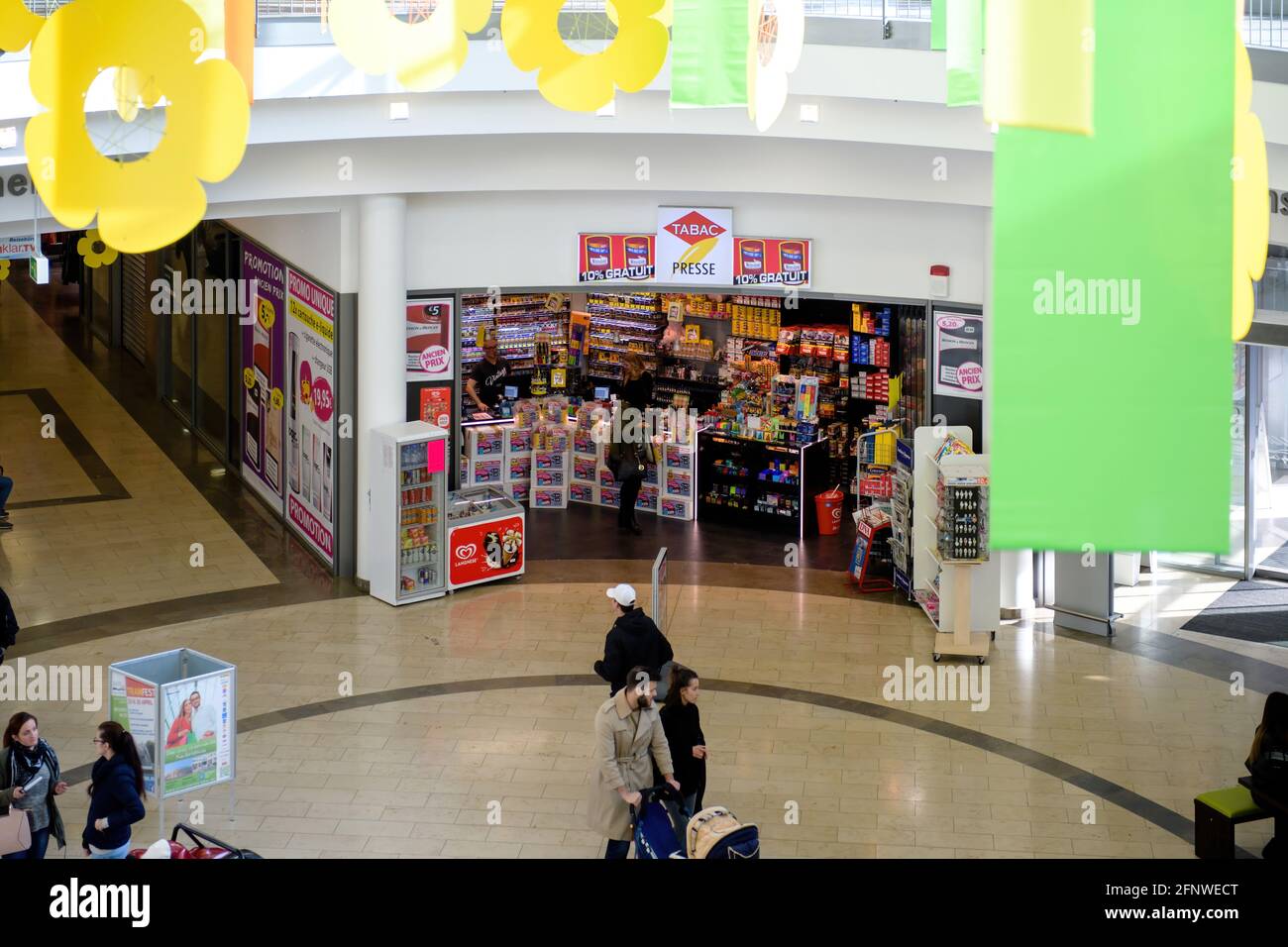 Aerial view of Tabak Tobacco press kiosk in city center mall of Kehl people  shopping Stock Photo