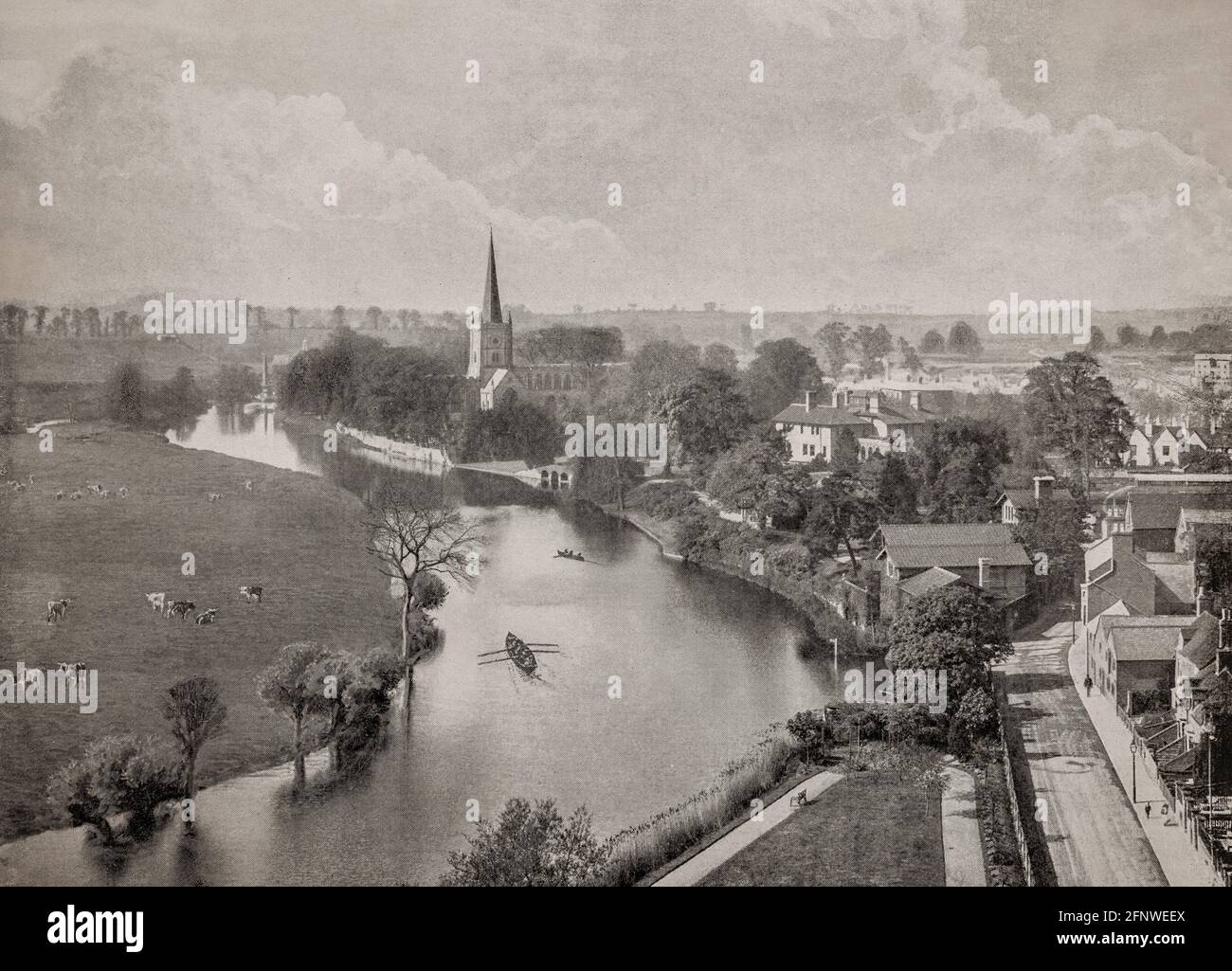 A late 19th Century aerial view of  the River Avon as it flows through Stratford-upon-Avon, aka Stratford, a market town in the county of Warwickshire,England. The town is a popular tourist destination owing to its status as the birthplace and gravesite of playwright and poet William Shakespeare. Stock Photo
