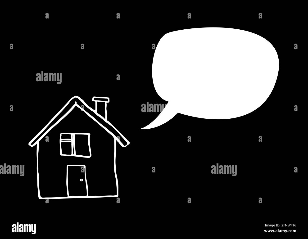 Illustration of white outlined house and speech bubble with copy space on black background Stock Photo
