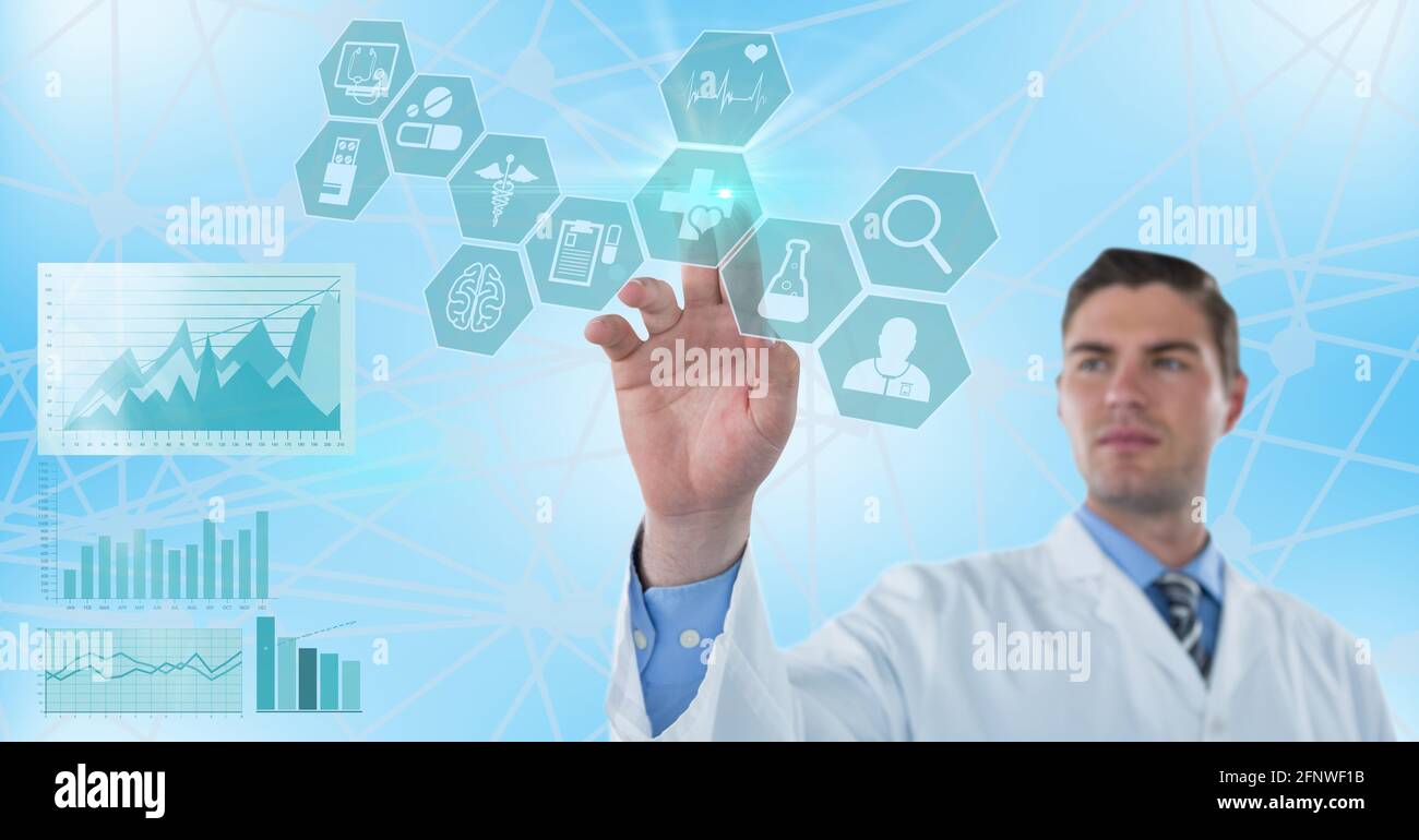 Composition of male doctor touching screen with medical data processing ...
