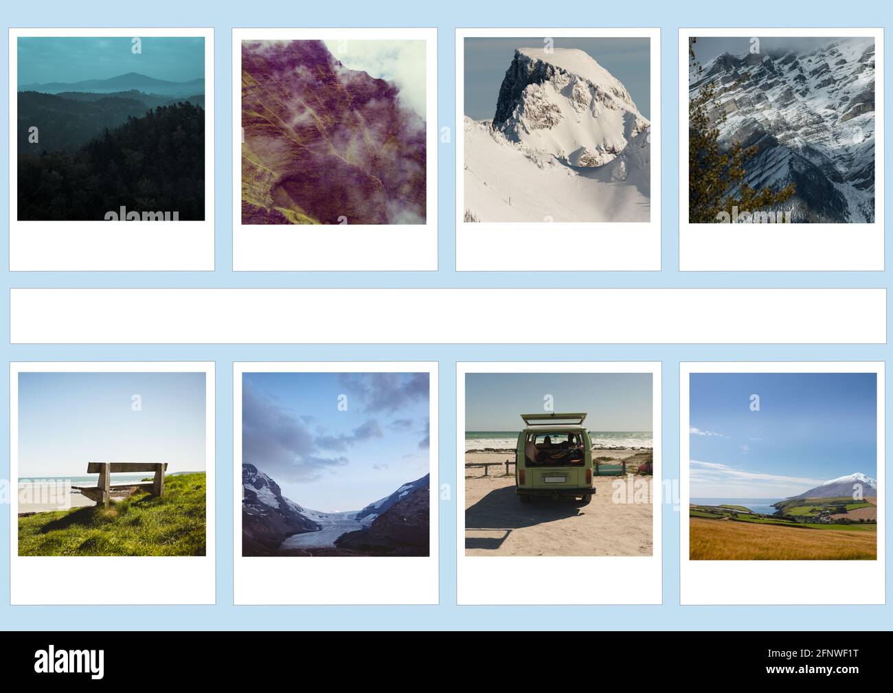 Composition of eight photographs of nature with copy space on blue background Stock Photo