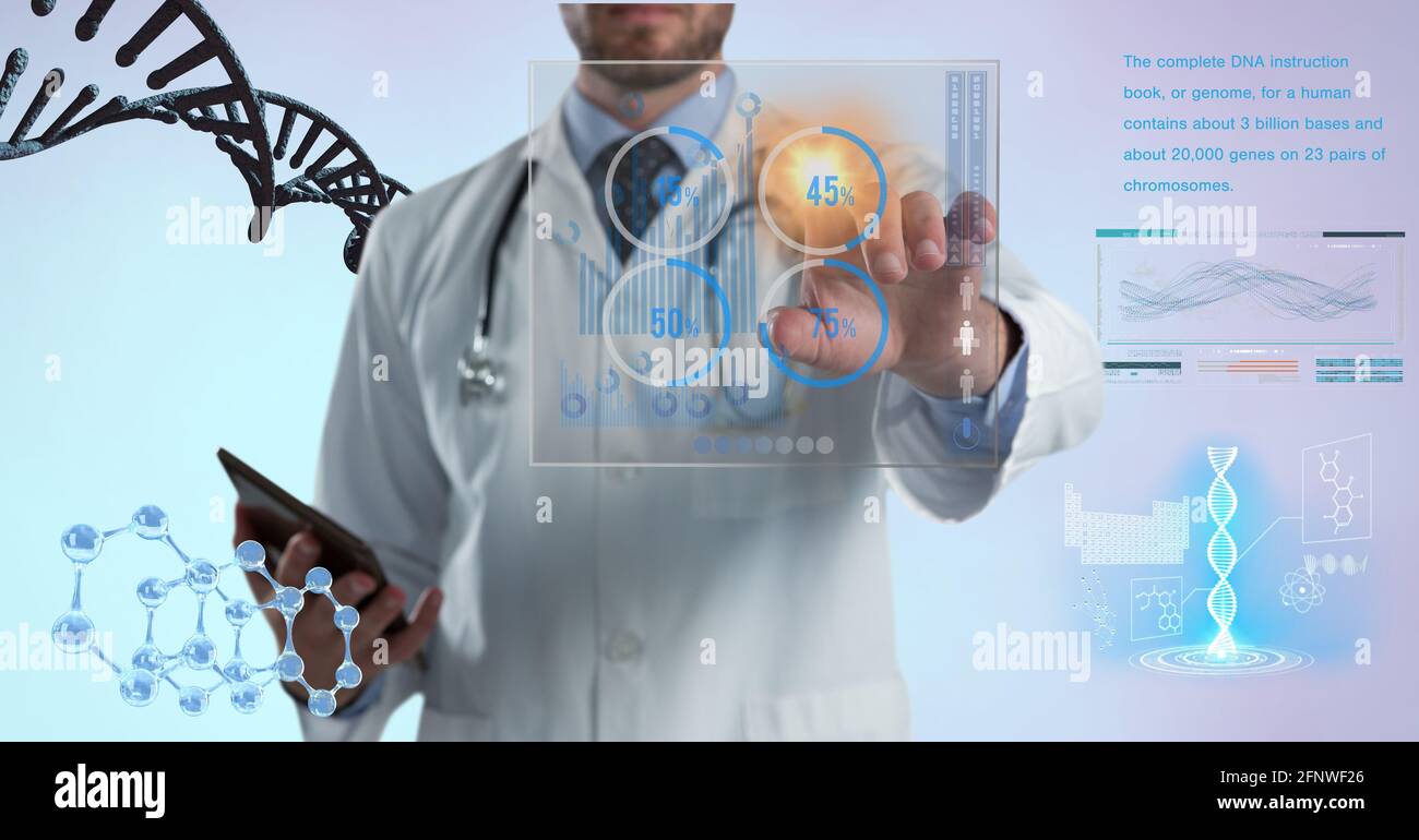 Composition of male doctor touching screen with medical data processing ...