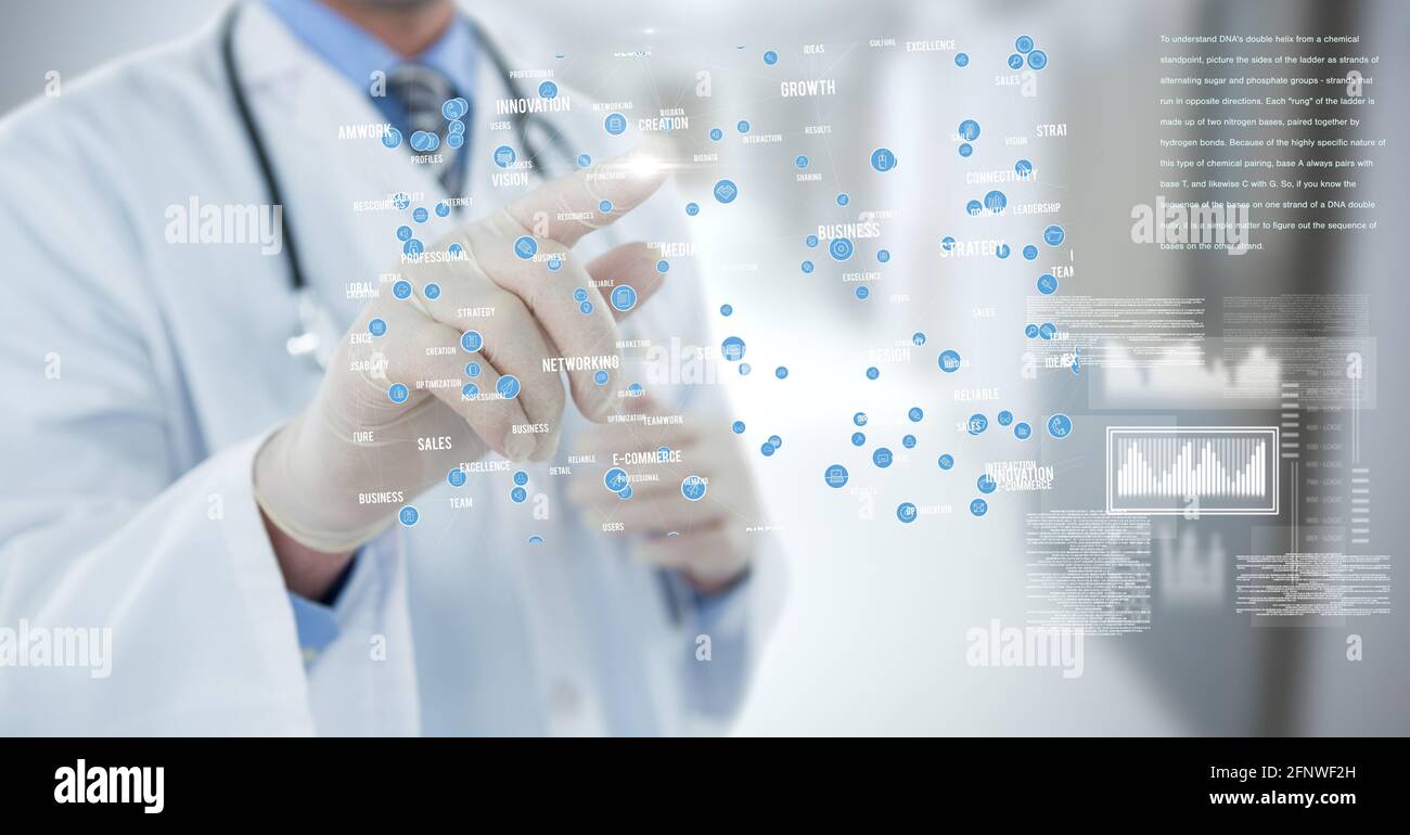 Composition of male doctor touching screen with icons and medical data ...