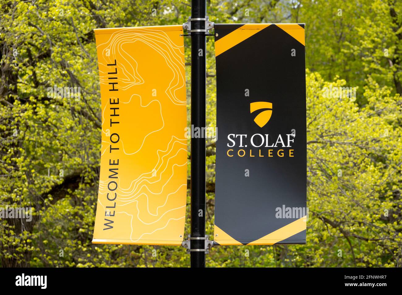 NORTHFIELD, MN,USA -  MAY 10, 2021 - Banner and Logo on the campus of St. Olaf College. Stock Photo