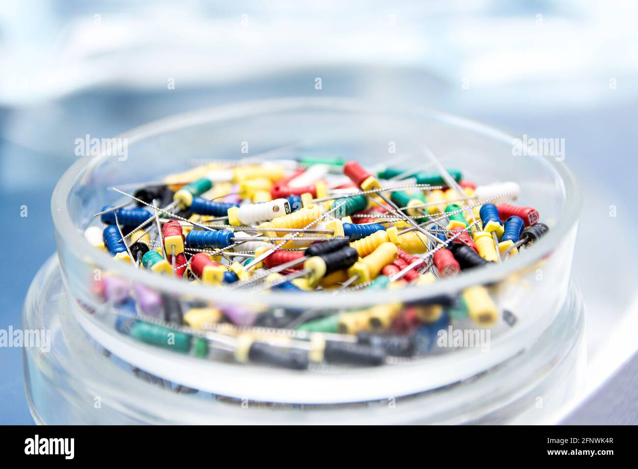Dental tools in the glass round box. Dental instruments - k-files. Close-up dentist tools capture. Stock Photo