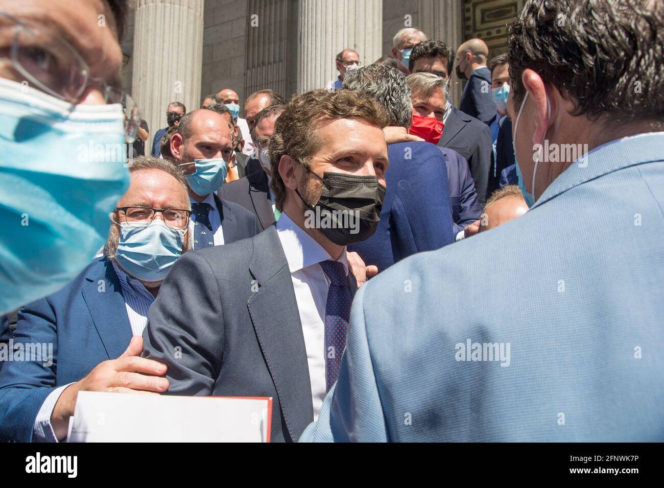 In the picture the leader of partido popular party Pablo Casado. The PP with its leader, Pablo Casado, at the head today will lead a protest of three hundred 'popular' mayors and deputation presidents at the gates of Congress, where they will demand a covid fund for municipalities and that they administer part of the European plan for the Recovery.  All the mayors of the ten provincial capitals in which the PP governs, such as Madrid, Malaga, Zaragoza, Córdoba or Oviedo, among others, and almost all the presidents of the thirteen 'popular' councils, were photographed with Pablo Married in fron Stock Photo