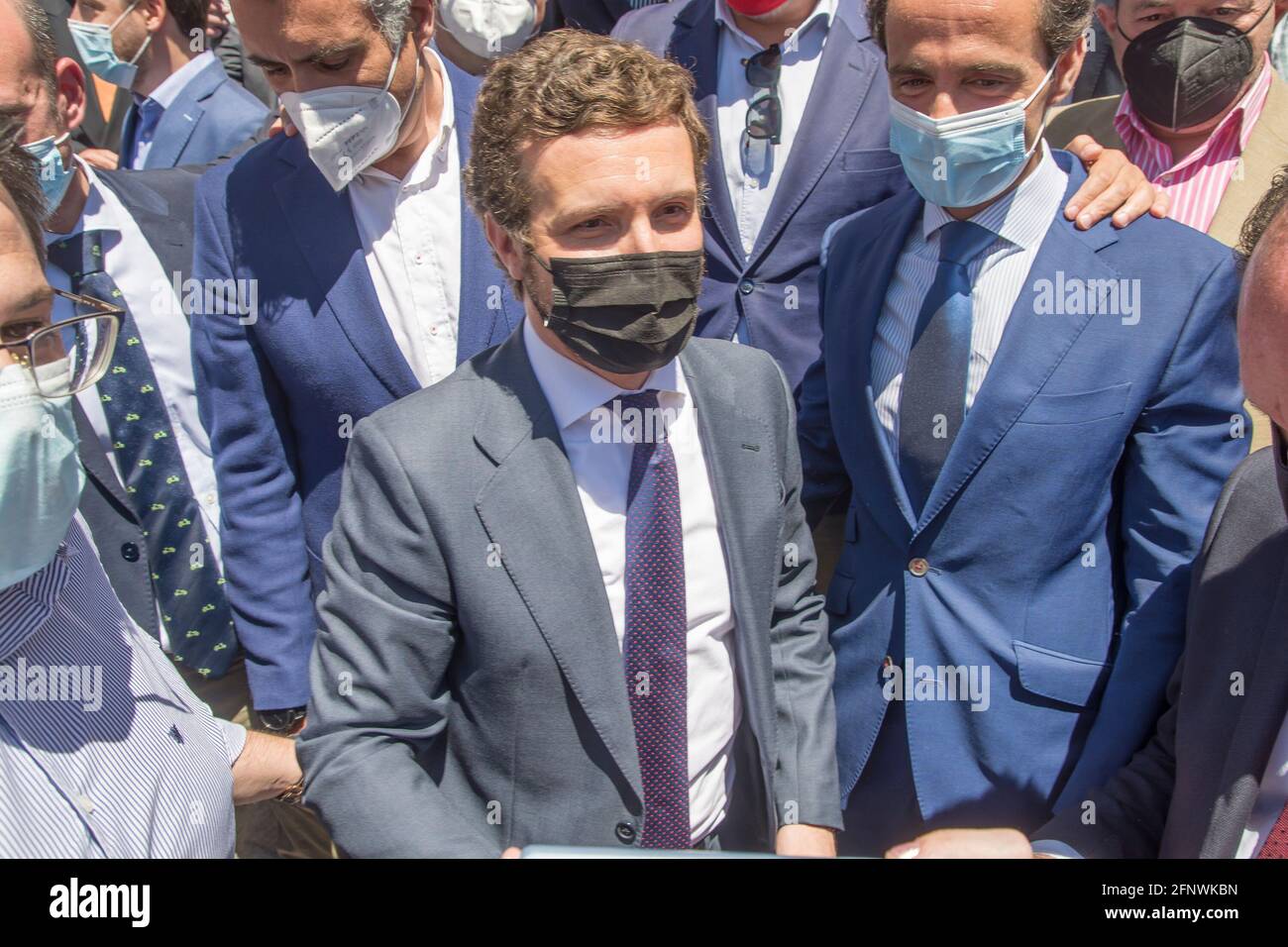 In the picture the leader of partido popular party Pablo Casado. The PP with its leader, Pablo Casado, at the head today will lead a protest of three hundred 'popular' mayors and deputation presidents at the gates of Congress, where they will demand a covid fund for municipalities and that they administer part of the European plan for the Recovery. All the mayors of the ten provincial capitals in which the PP governs, such as Madrid, Malaga, Zaragoza, Córdoba or Oviedo, among others, and almost all the presidents of the thirteen 'popular' councils, were photographed with Pablo Married in fron Stock Photo