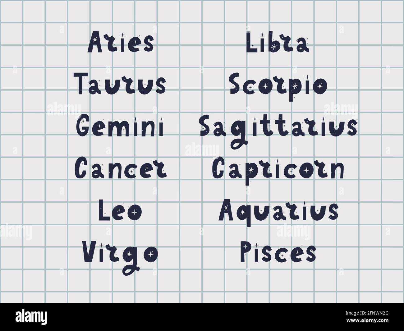 Zodiac lettering Vector Sign. Cartoon astrology text illustration. Horoscope handwritten icon set. Stock Vector