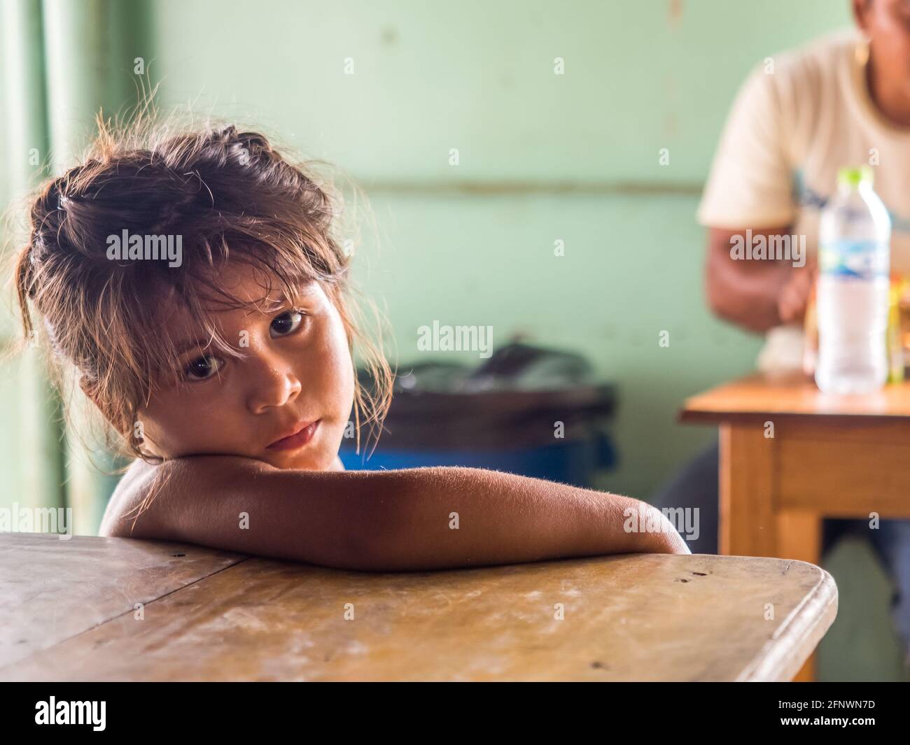 Amazon River, Peru - Sep 20, 2017: Portrait of a small girl – an inhabitant of the Peru. Amazonia, South America. Stock Photo