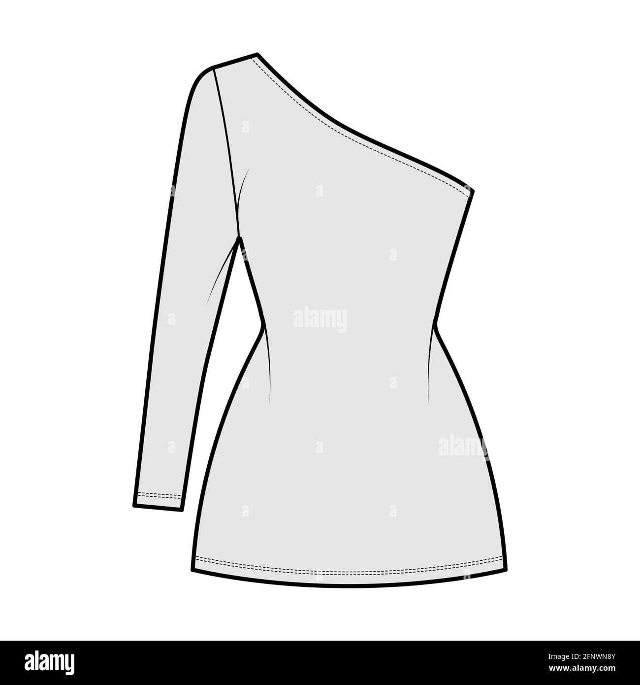 Dress one shoulder technical fashion illustration with long sleeve, fitted body, mini length pencil skirt. Flat apparel front, grey color style. Women, men unisex CAD mockup Stock Vector