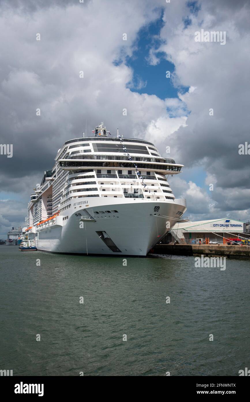 Southampton, England, UK. 2021. Cruise ship MSC Virtuosa berthed at