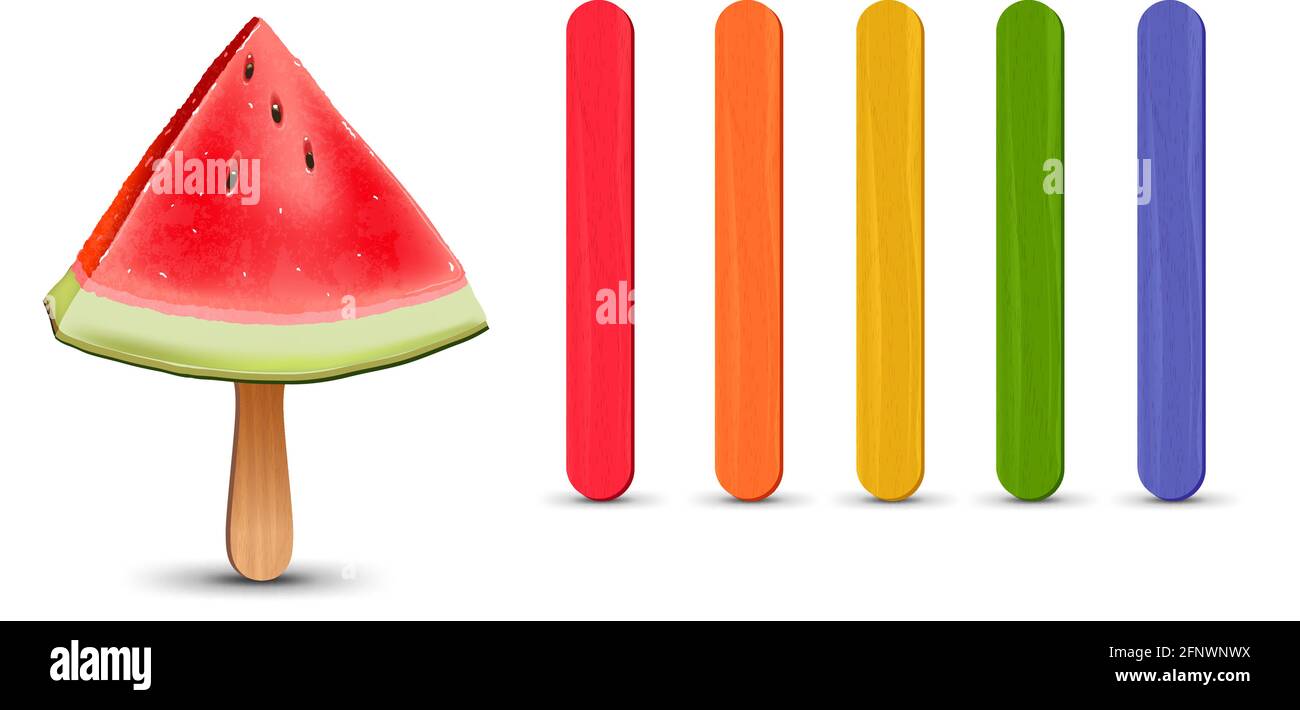 Set of realistic popsicle sticks. Watermelon piece on popsicle stick