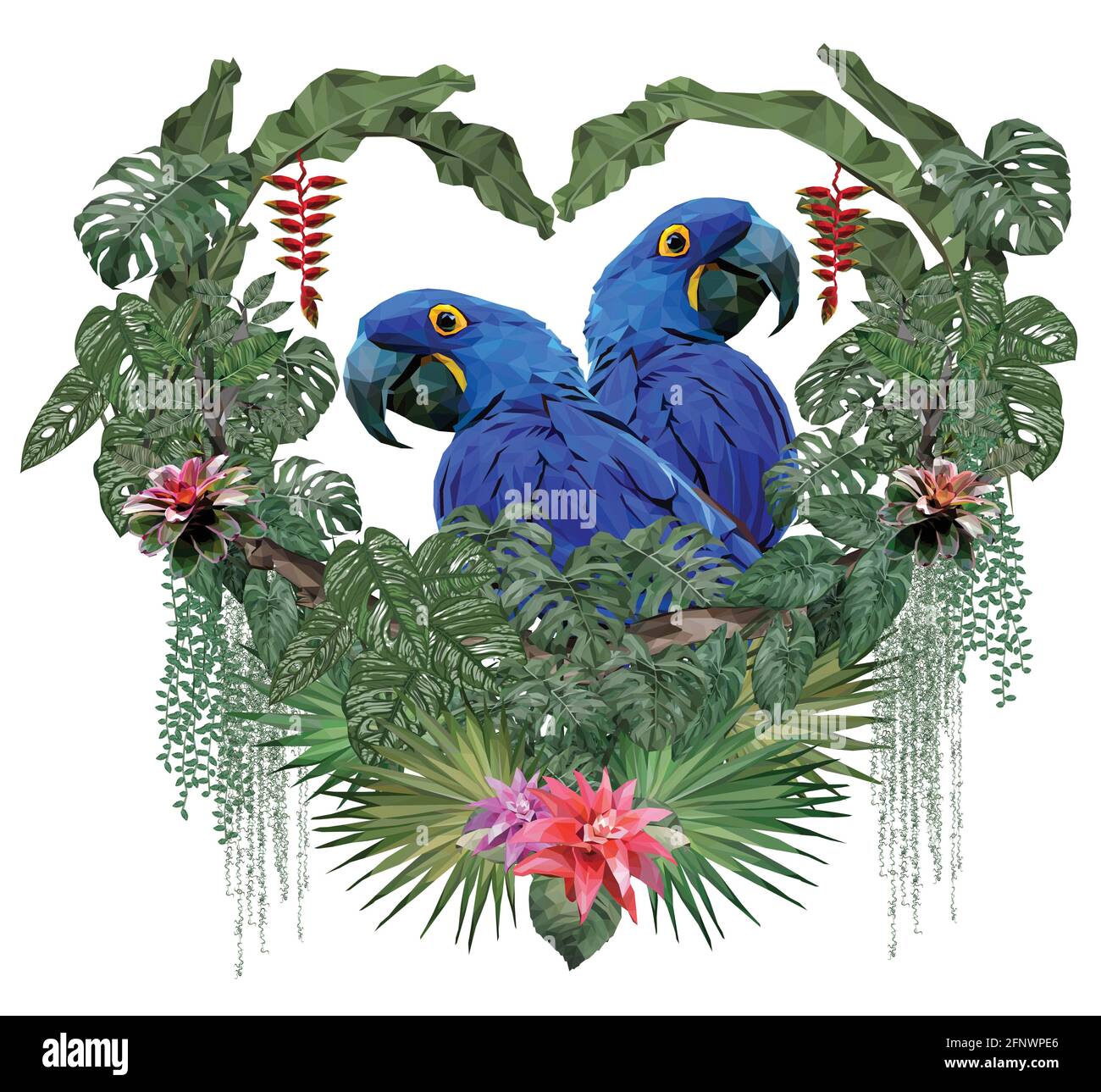 Polygonal Illustration couple Macaw birds with love concept. Stock Vector