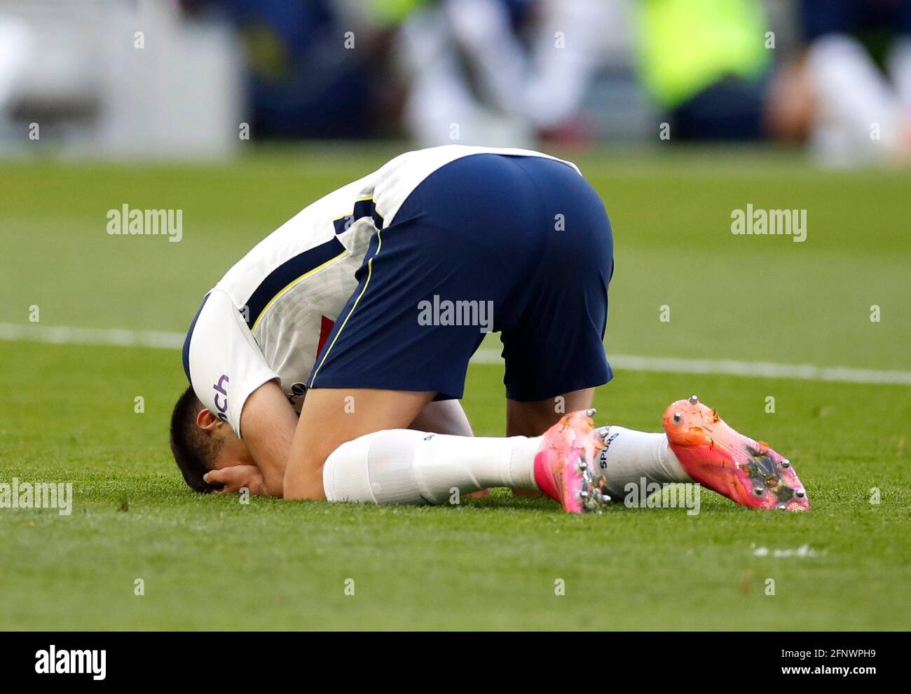 Tottenham Hotspur's Sergio Reguilon reacts after scoring an own goal, Aston Villa's first of the game during the Premier League match at the Tottenham Hotspur Stadium, London. Picture date: Wednesday May 19, 2021. Stock Photo