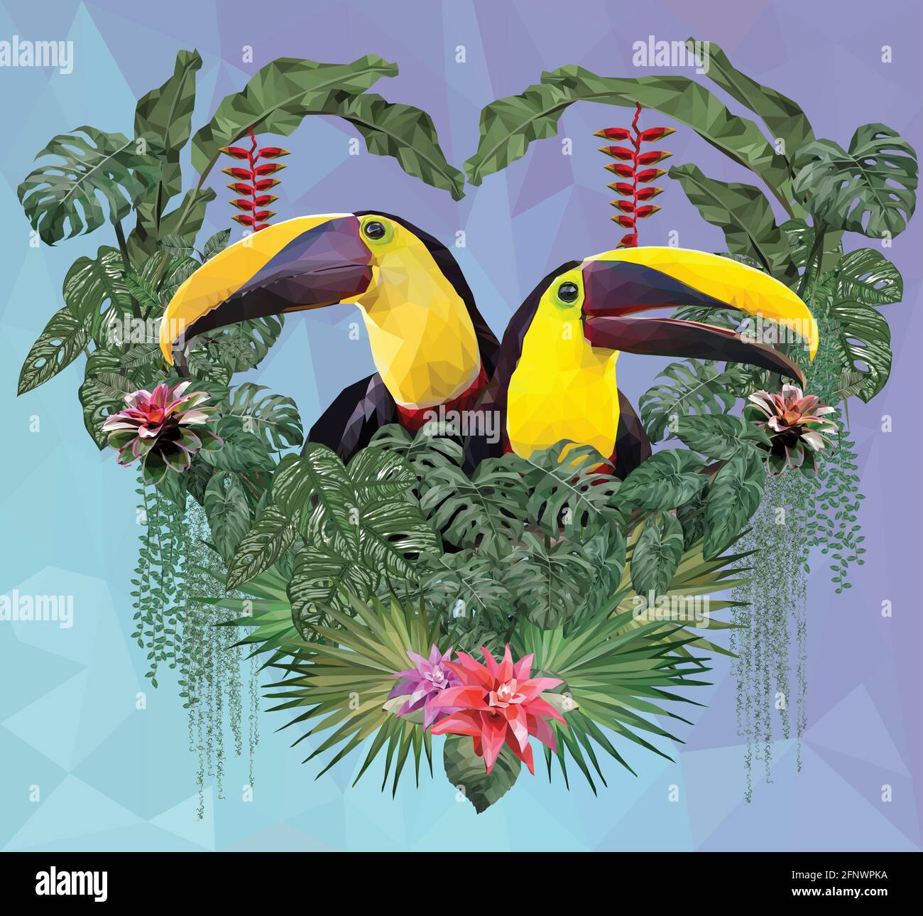 Polygonal Illustration Toucan bird and Amazon forrest plants in love concept. Stock Vector
