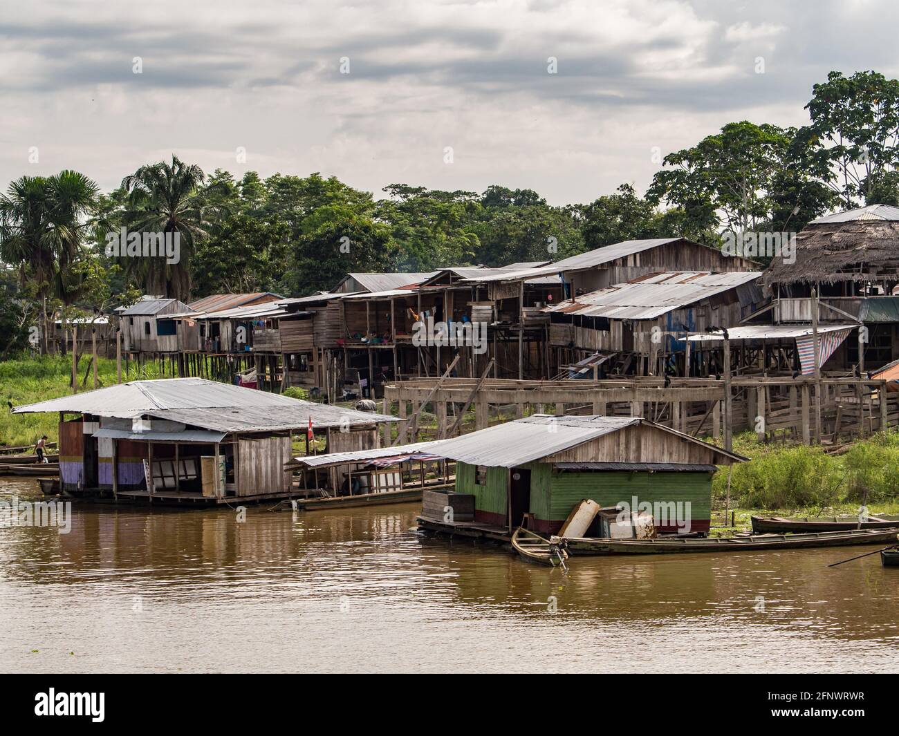 Caballococha, Peru Dec 11, 2017 Wooden floating houses and houses on
