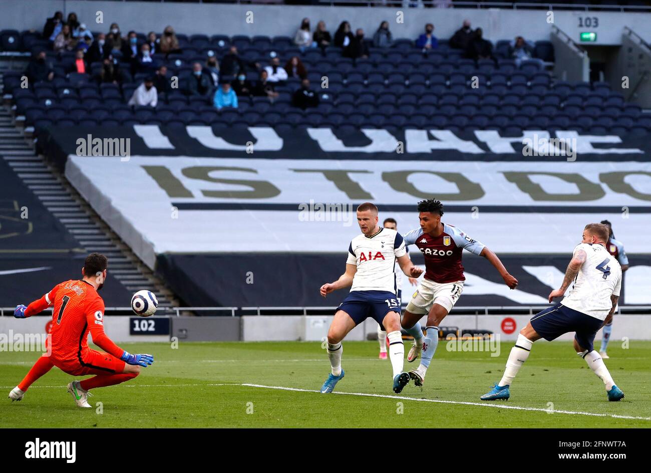 Aston Villa's Ollie Watkins scores their side's second goal of the game during the Premier League match at the Tottenham Hotspur Stadium, London. Picture date: Wednesday May 19, 2021. Stock Photo