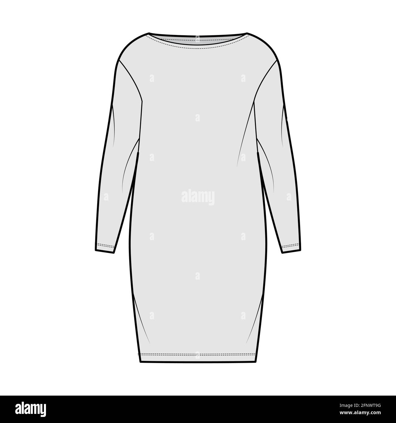 Dress sack slouchy technical fashion illustration with long sleeves, oversized body, knee length pencil skirt. Flat apparel front, grey color style. Women, men unisex CAD mockup Stock Vector