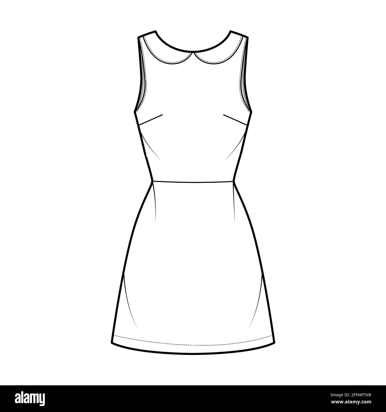 Dress A-line technical fashion illustration with sleeveless, peter pan  collar, fitted body, above-the-knee length skirt. Flat apparel front, white  color style. Women, men unisex CAD mockup Stock Vector Image & Art -