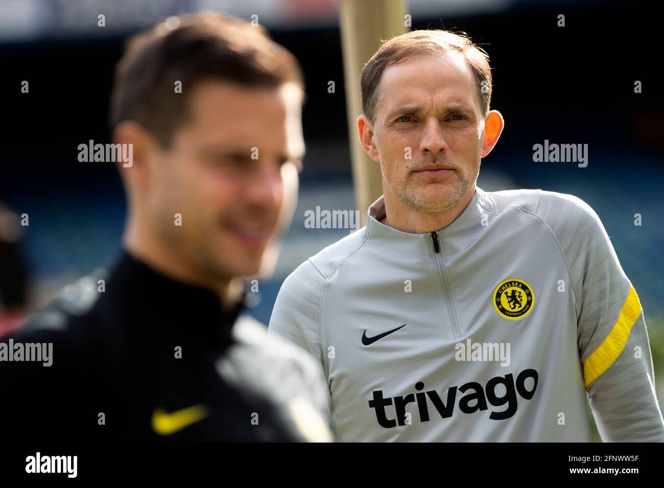 César Azpilicueta and Chelsea manager Thomas Tuchel during the launch of  Chelsea's new partnership with Trivago at Stamford Bridge in Fulham,  London. Picture date: Wednesday May 19, 2021 Stock Photo - Alamy