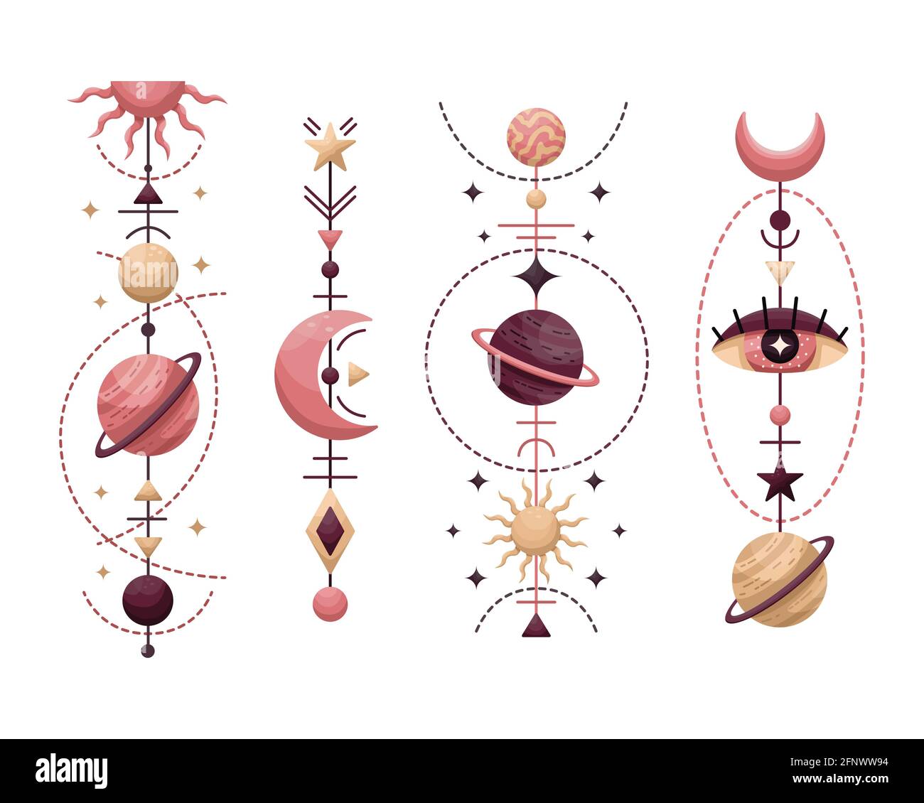 The set of mystical astrological vector illustration. Magic symbols. Zodiac. Astronomy. Stock Vector