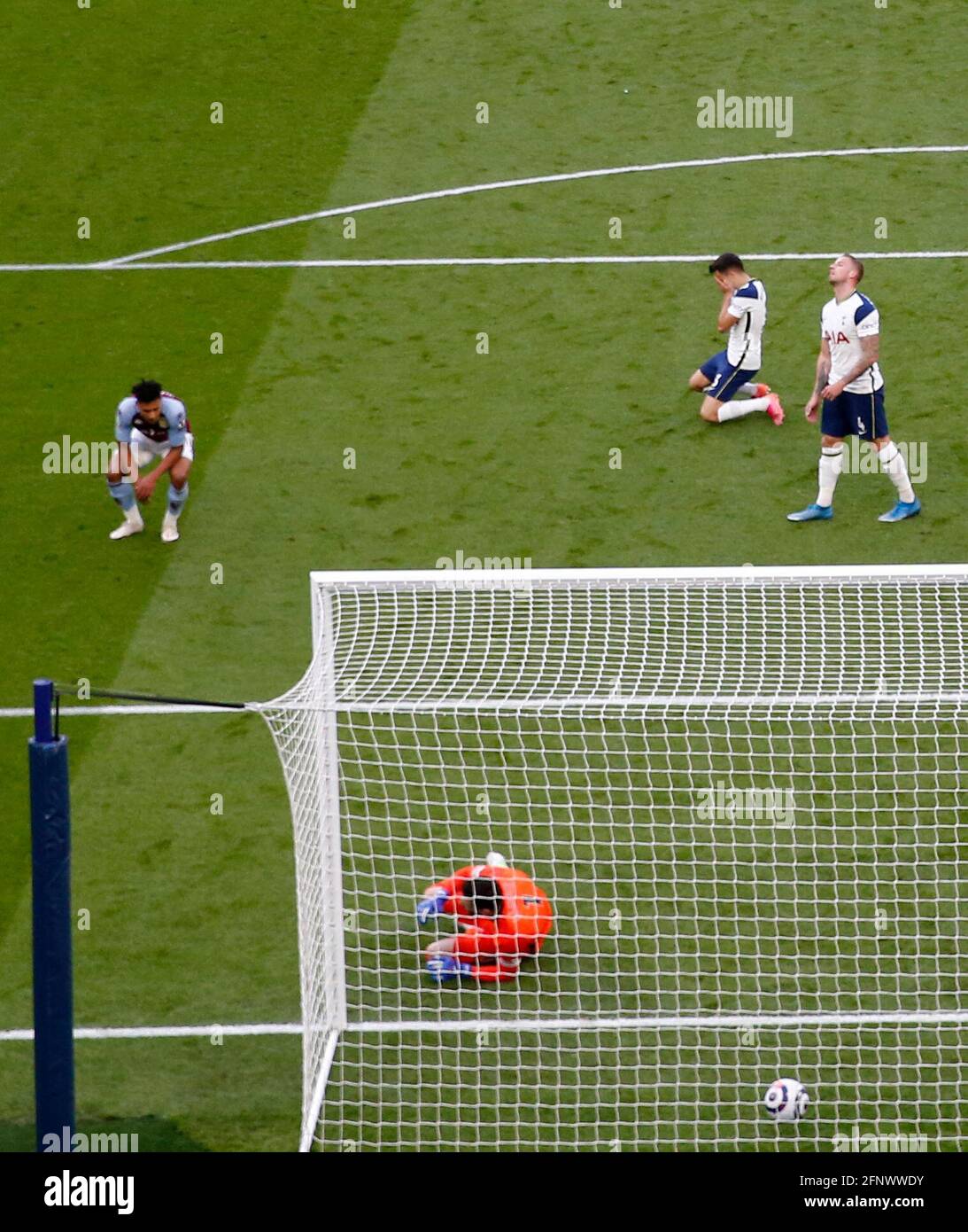 Tottenham Hotspur goalkeeper Hugo Lloris concedes an own goal from Sergio Reguilon, Astons Villa's first goal of the game during the Premier League match at the Tottenham Hotspur Stadium, London. Picture date: Wednesday May 19, 2021. Stock Photo