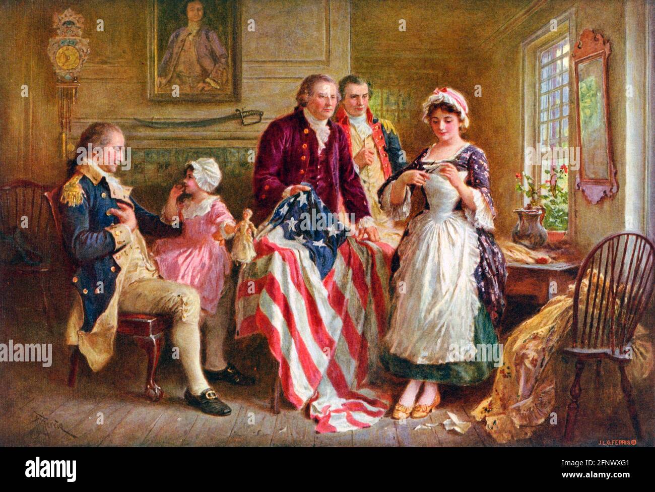Betsy Ross Flag. Betsy Ross showing Major Ross and Robert Morris how she cut the stars for the American flag; George Washington sits in a chair on the left. Photomechanical print, 1932 Stock Photo