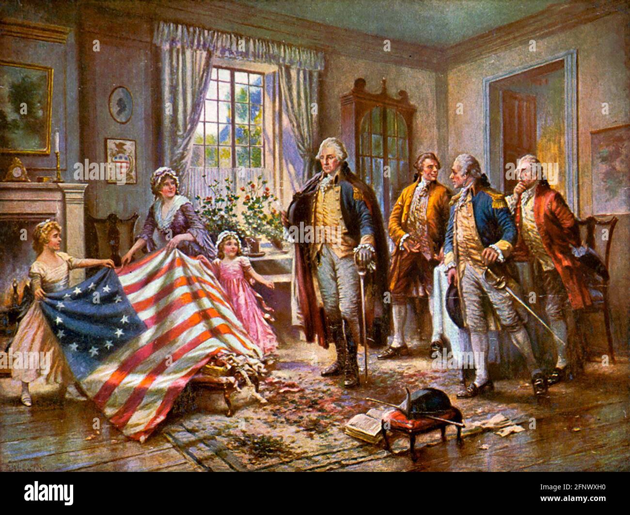 Betsy Ross Flag. The Birth of Old Glory by Pery Moran, 1917. George Washington and other officers look on as Betsy Ross shows her flag. Stock Photo