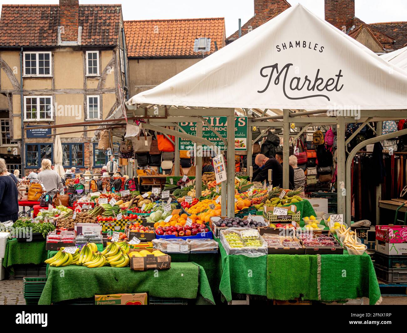 Fruit and vegetable stall at the Shambles Market, York, UK. Stock Photo