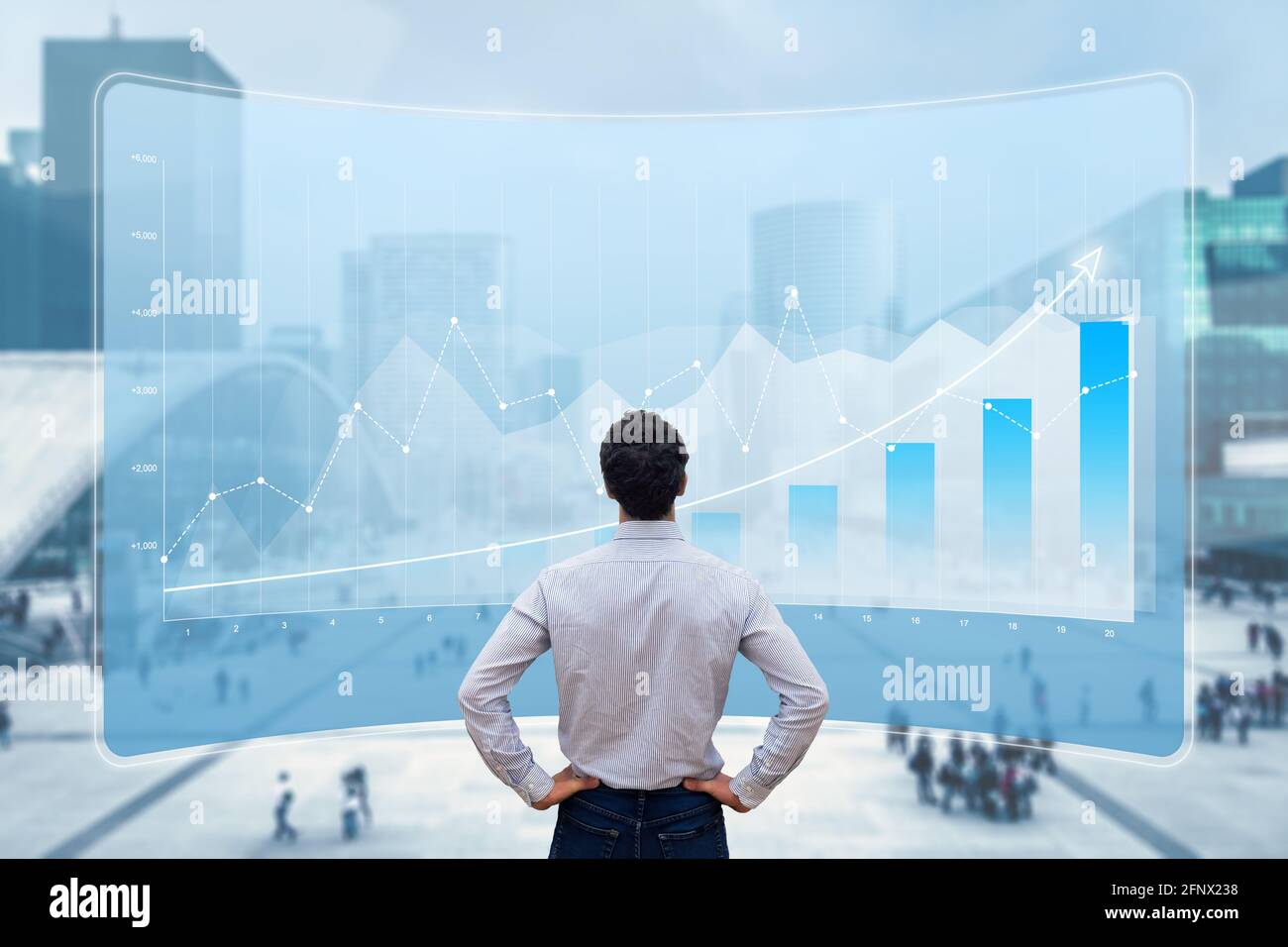 Financial data showing growing revenue and successful business strategy. Finance analyst or executive manager analyzing profit on chart report with ci Stock Photo